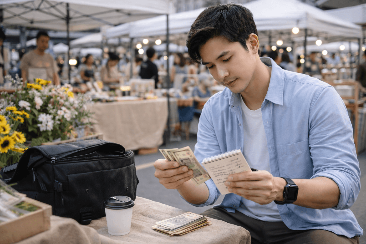 ภาพฟรีแลนซ์กำลังเทียบวงเงินค่ารักษา ชดเชยรายได้ และค่าใช้จ่ายรายเดือน