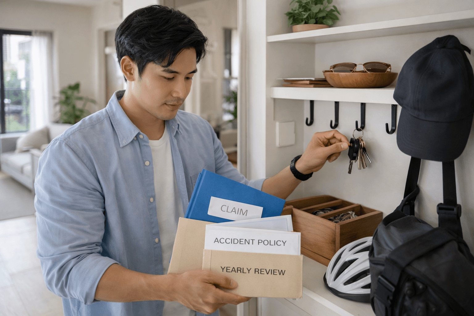 ภาพฟรีแลนซ์กำลังจัดแฟ้มกรมธรรม์ประกันอุบัติเหตุและเอกสารเคลม