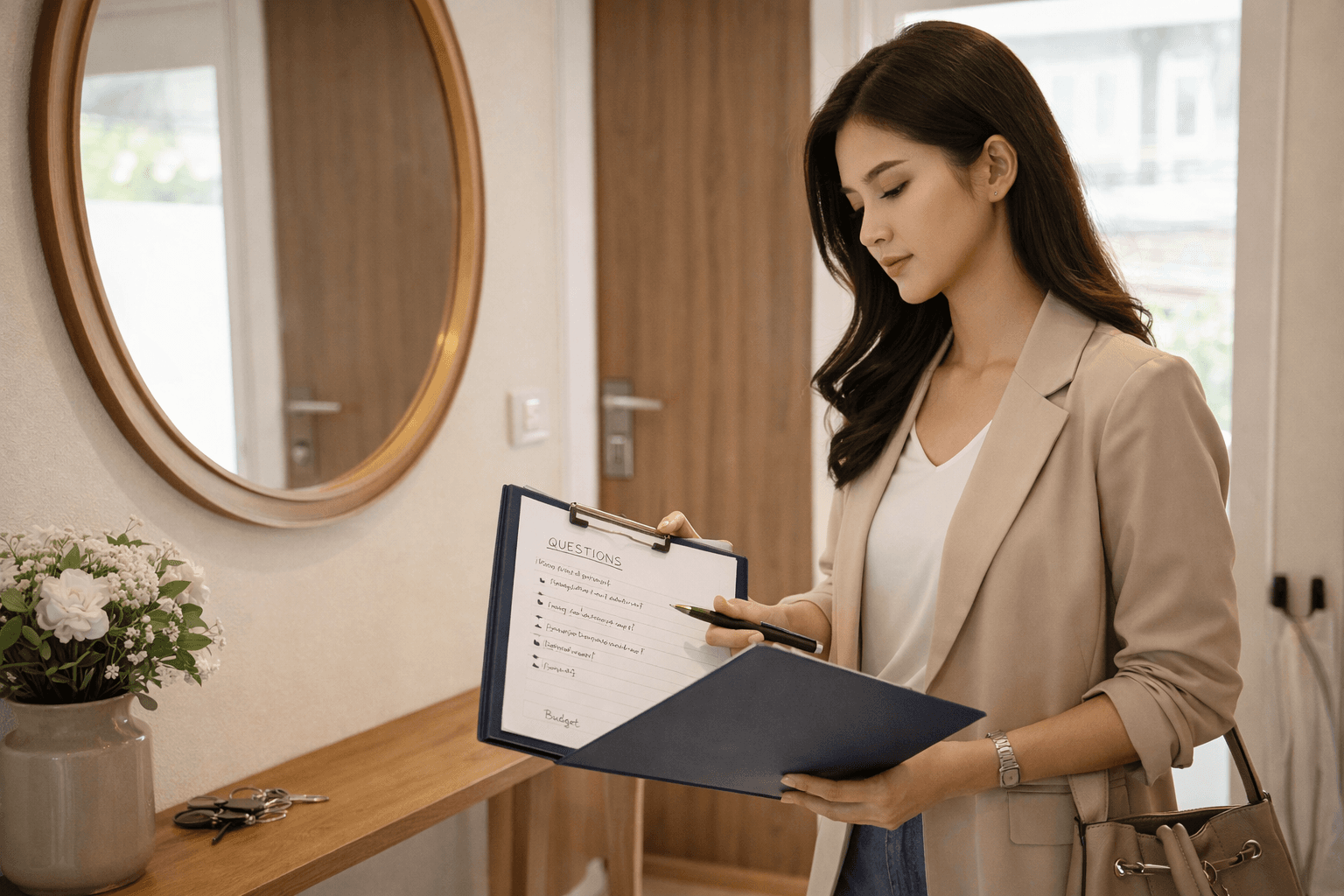 หาตัวแทนประกัน ภาพลูกค้ากำลังเตรียมเช็กลิสต์และเอกสารก่อนคุยกับตัวแทนประกัน