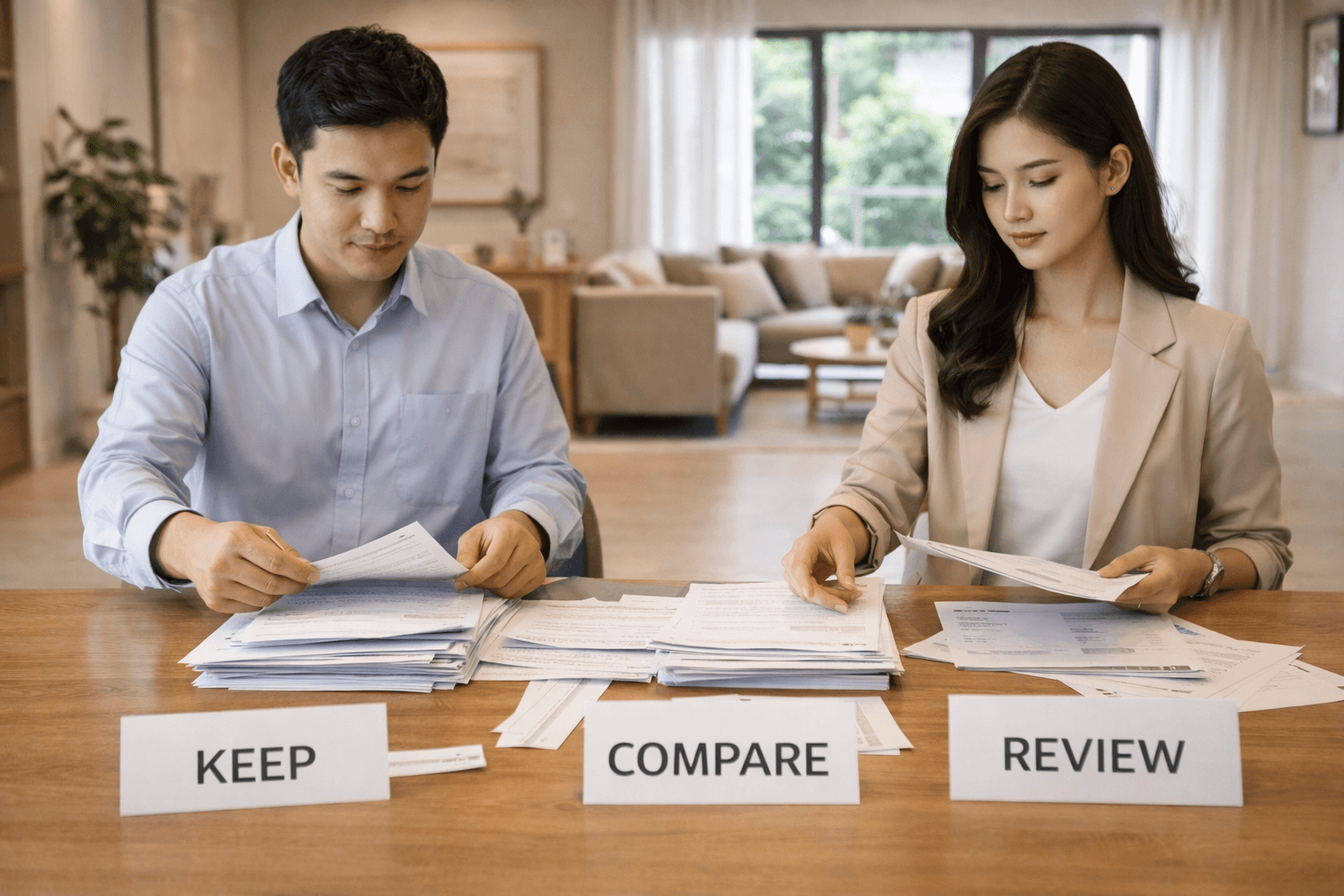 ภาพคู่รักกำลังเทียบข้อเสนอประกันจากตัวแทนสองคนพร้อมสรุปผลประโยชน์