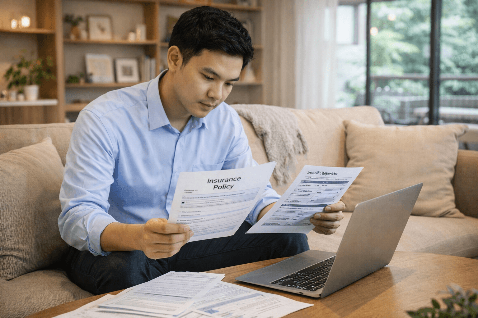 ภาพลูกค้ากำลังเช็กใบอนุญาตตัวแทนประกันและข้อมูลแบบประกันบนคอมพิวเตอร์