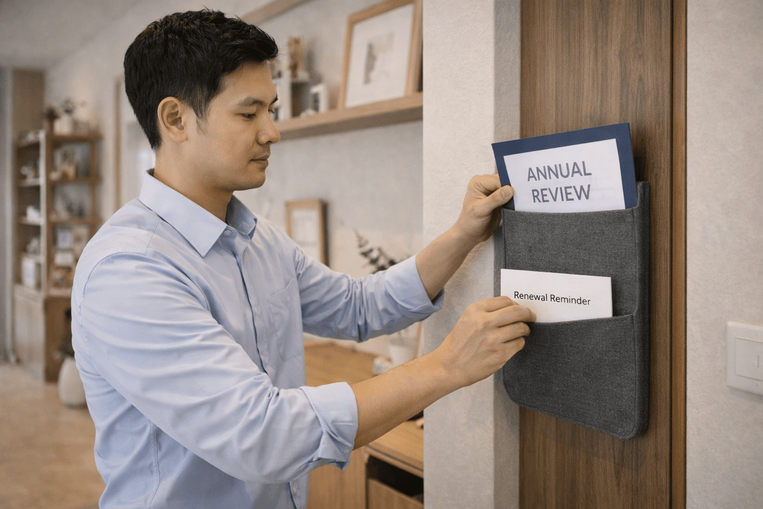 ภาพคนทำงานกำลังจัดแฟ้มโน้ตคุยตัวแทนประกัน เอกสารกรมธรรม์ และเช็กลิสต์ก่อนตัดสินใจ