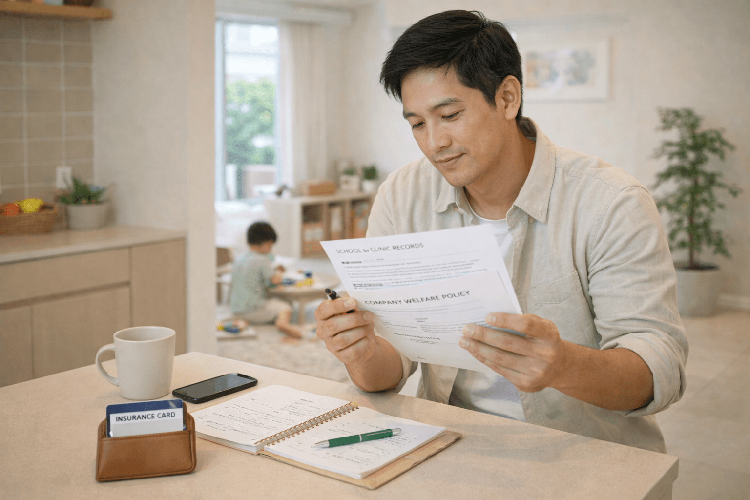 ภาพพ่อแม่กำลังดูสวัสดิการเดิมของลูก กรมธรรม์ในบ้าน และตารางเปรียบเทียบแผน