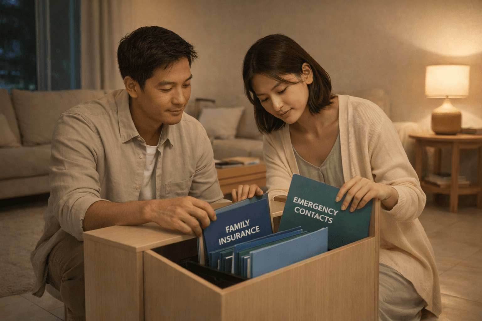 ภาพพ่อแม่กำลังจัดแฟ้มเอกสารประกันเด็กและเช็กลิสต์ทบทวนแผนครอบครัว