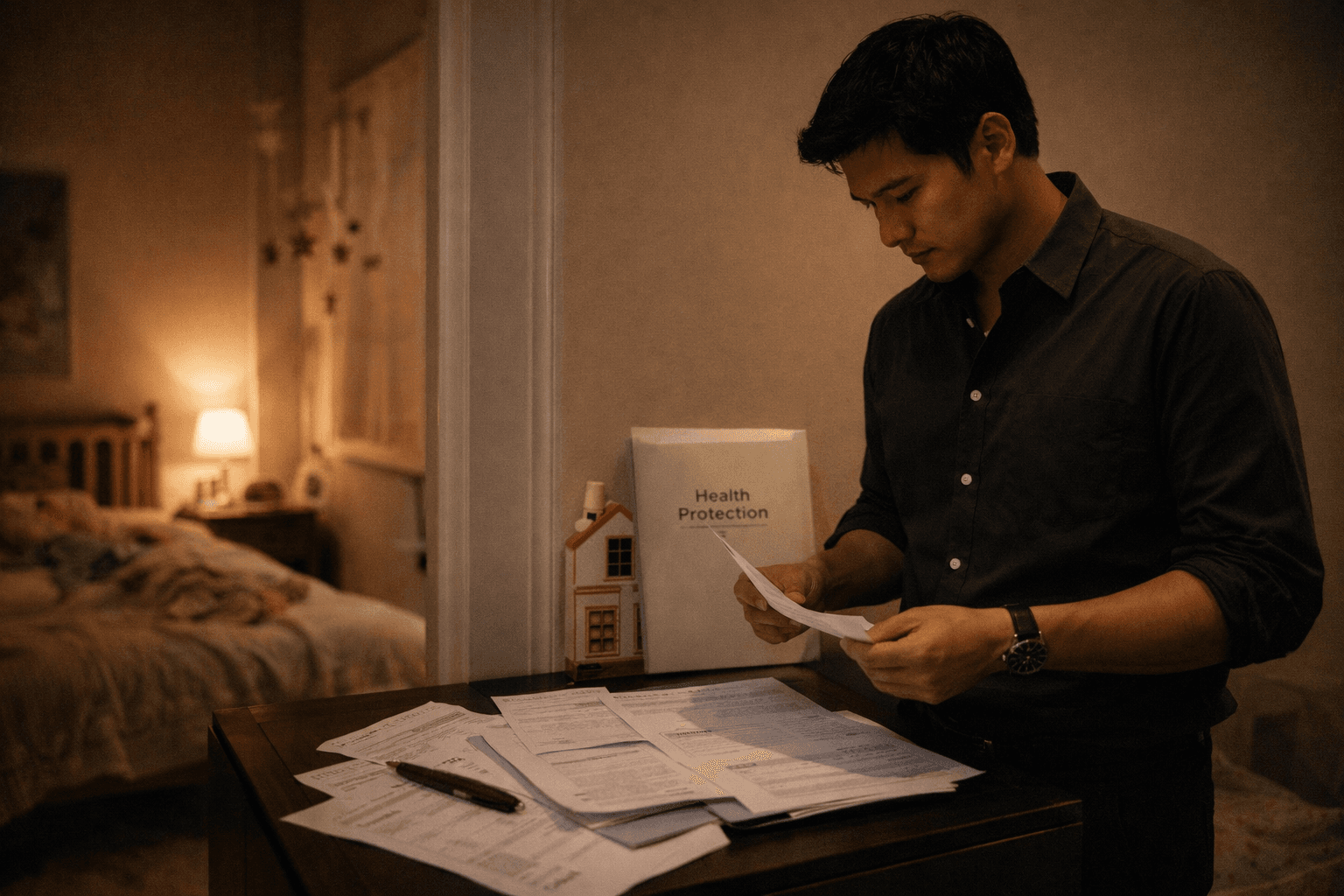 ภาพผู้ปกครองกำลังทบทวนภาระหนี้ ค่าใช้จ่ายครอบครัว และเงินก้อนจากประกันโรคร้ายแรง