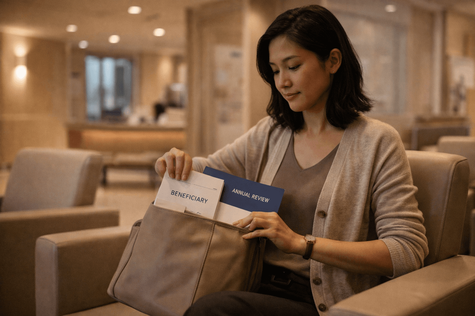 ภาพคนทำงานกำลังจัดแฟ้มสรุปกรมธรรม์ประกันโรคร้ายแรงและเช็กลิสต์ทบทวนประจำปี