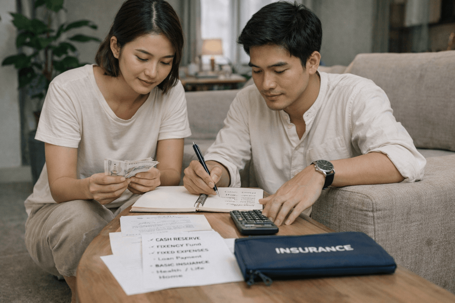 ภาพคนทำงานกำลังจัดแฟ้มแผนเงินฉุกเฉิน กรมธรรม์ และเช็กลิสต์การเงิน 90 วัน