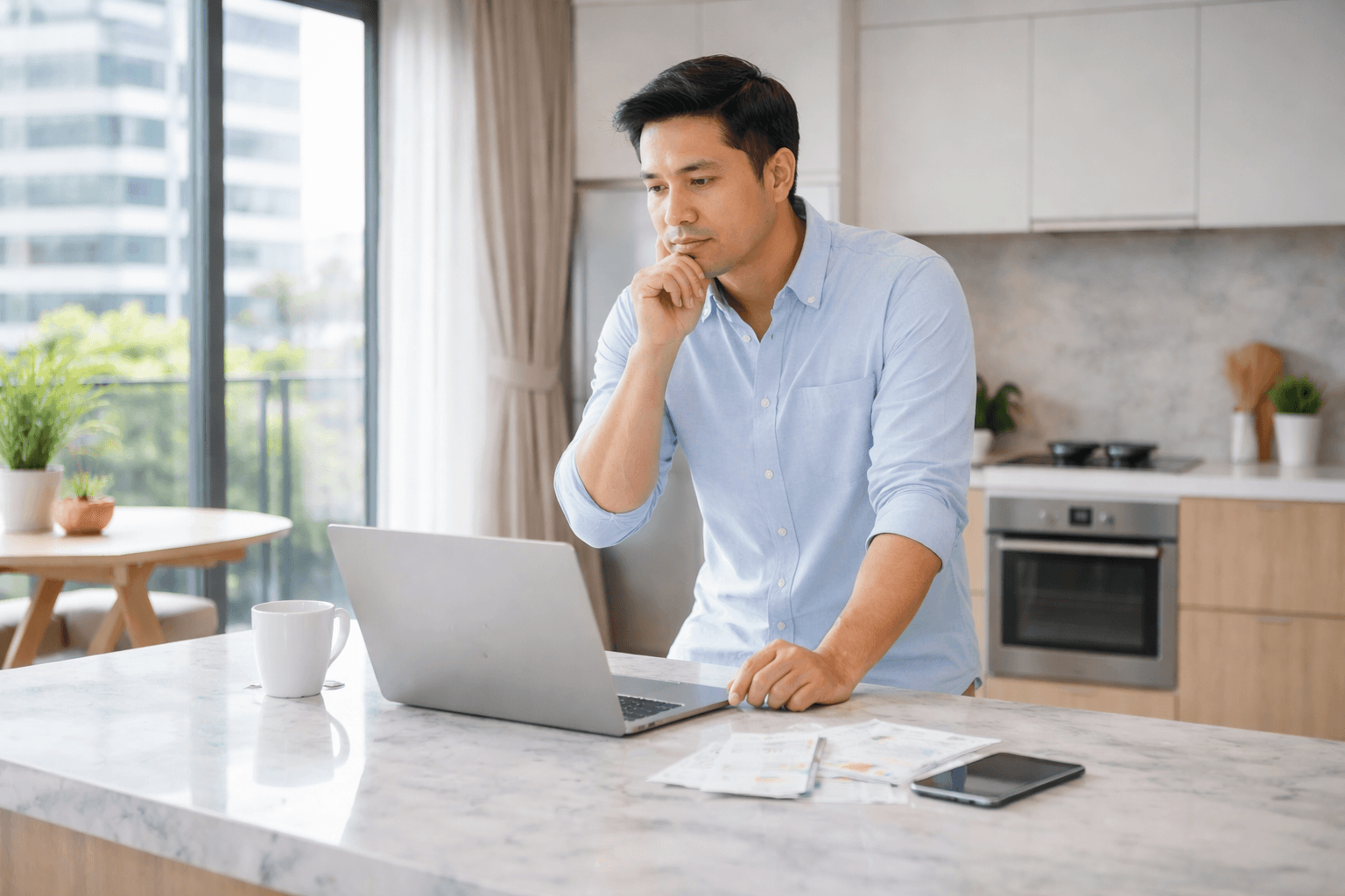 ประกันสุขภาพเหมาจ่าย ภาพคนทำงานกำลังเทียบแผนประกันสุขภาพกับงบรายเดือน