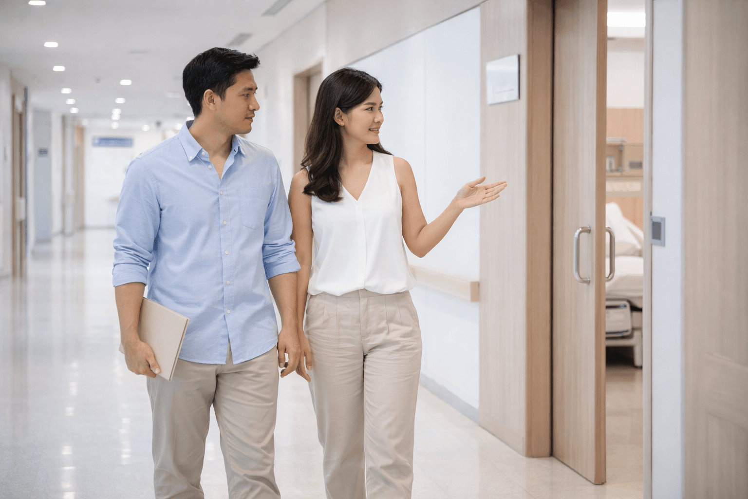 ภาพคู่สามีภรรยากำลังดูค่าห้องโรงพยาบาล วงเงินเหมาจ่าย และเอกสารเปรียบเทียบแผนประกันสุขภาพ