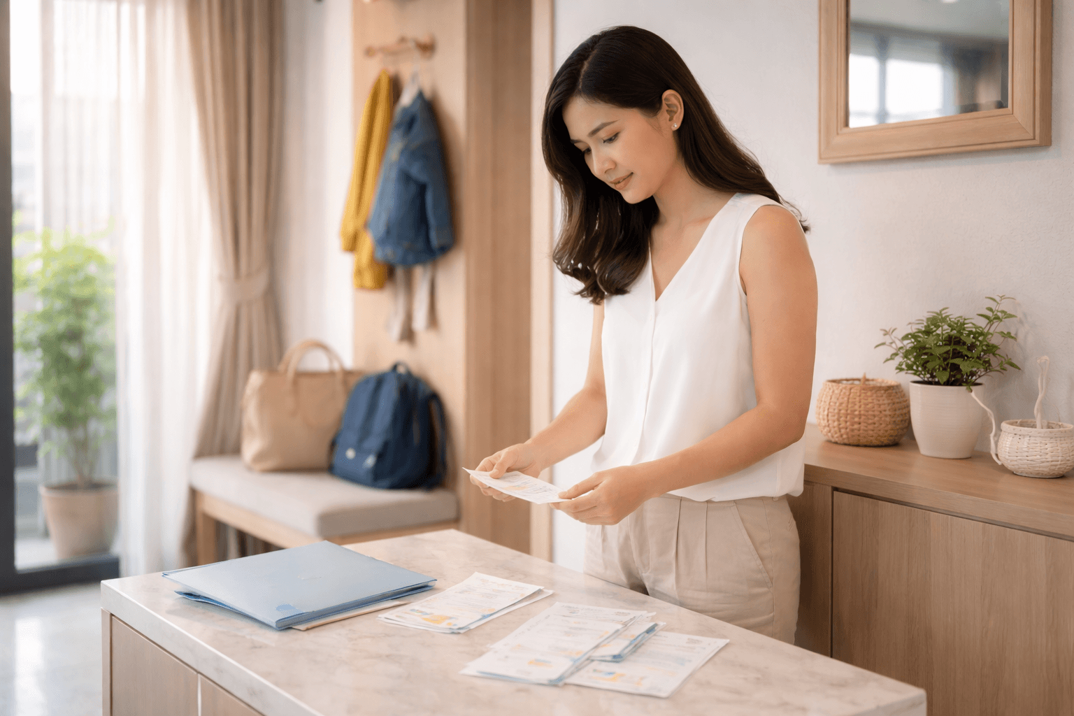 ภาพผู้ปกครองกำลังดูสวัสดิการบริษัท ค่ารักษาครอบครัว และแบบประกันสุขภาพเหมาจ่าย