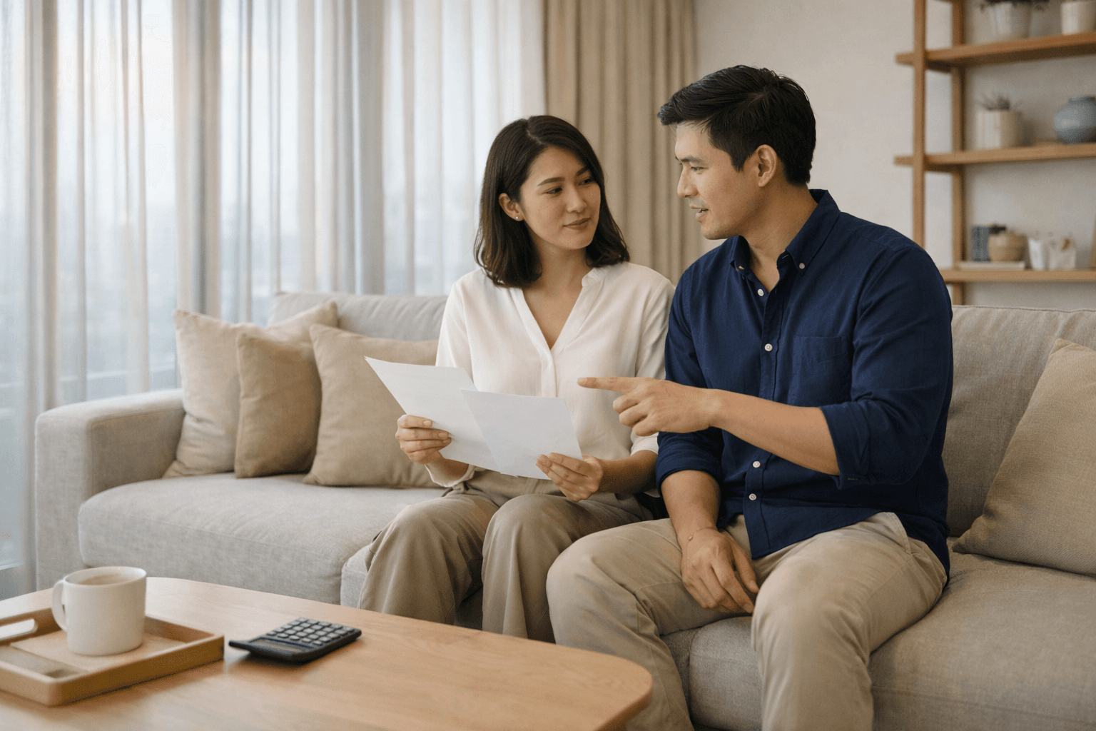 ภาพคู่สามีภรรยากำลังเทียบแบบประกันชีวิตและคำนวณทุนประกันจากหนี้บ้านกับค่าใช้จ่ายครอบครัว