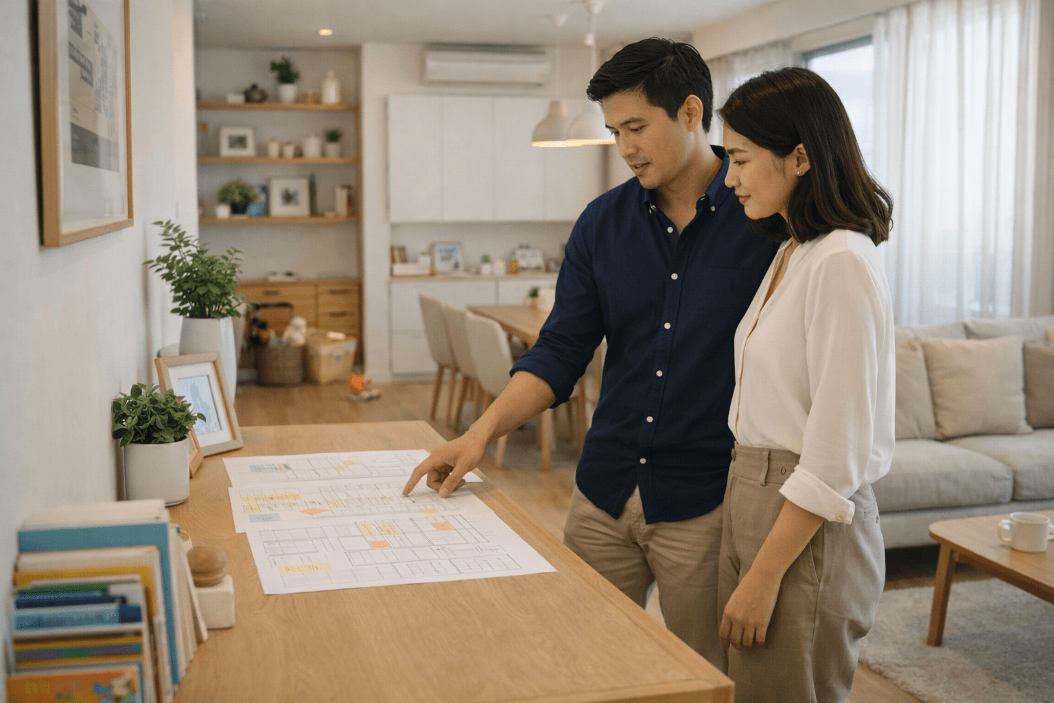 ภาพพ่อแม่วัยทำงานกำลังวางแผนประกันชีวิต หนี้บ้าน และการศึกษาลูกบนโต๊ะอาหาร