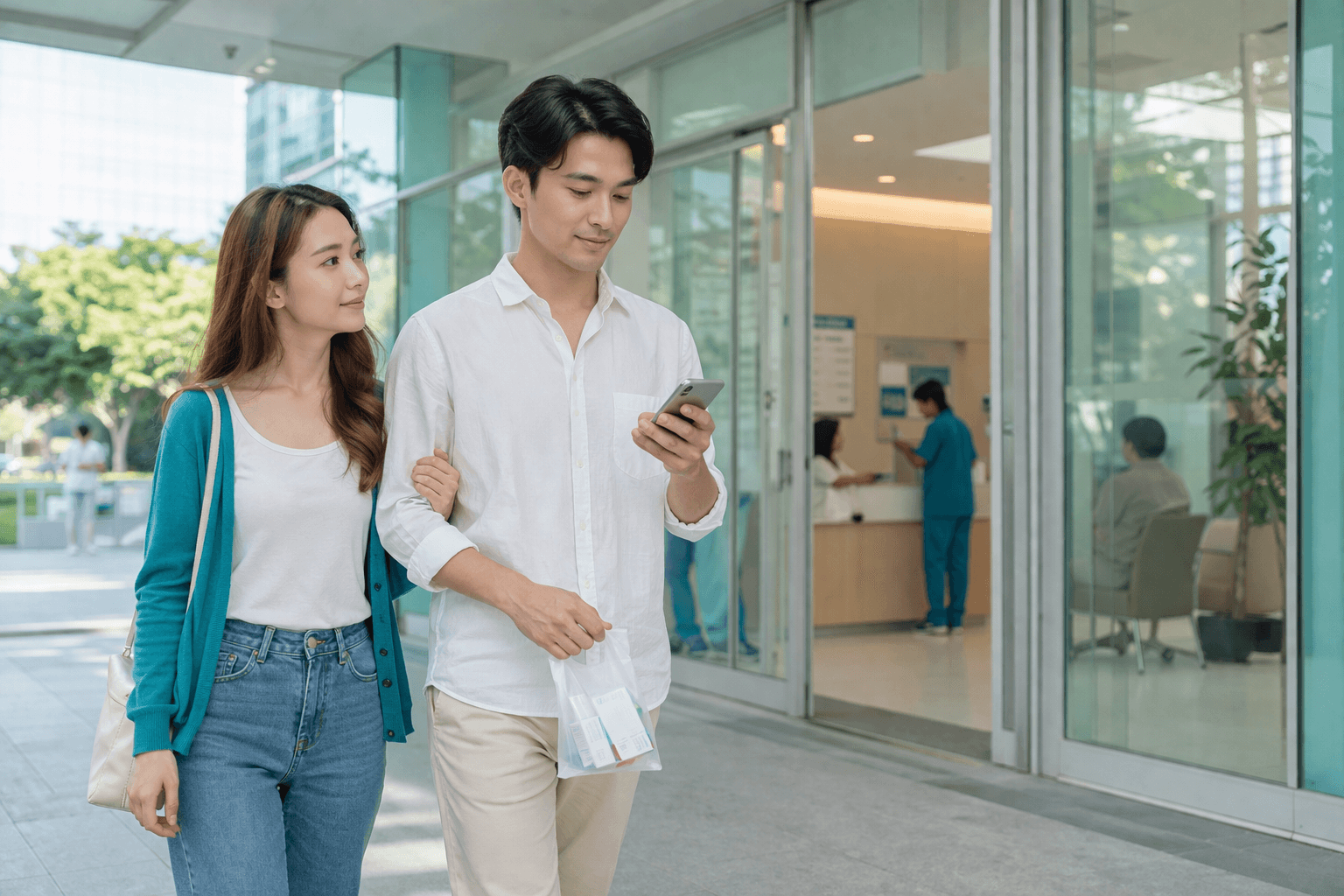 ภาพครอบครัวกำลังดูสวัสดิการบริษัท ประกันกลุ่ม และตารางเทียบประกัน OPD กับ IPD