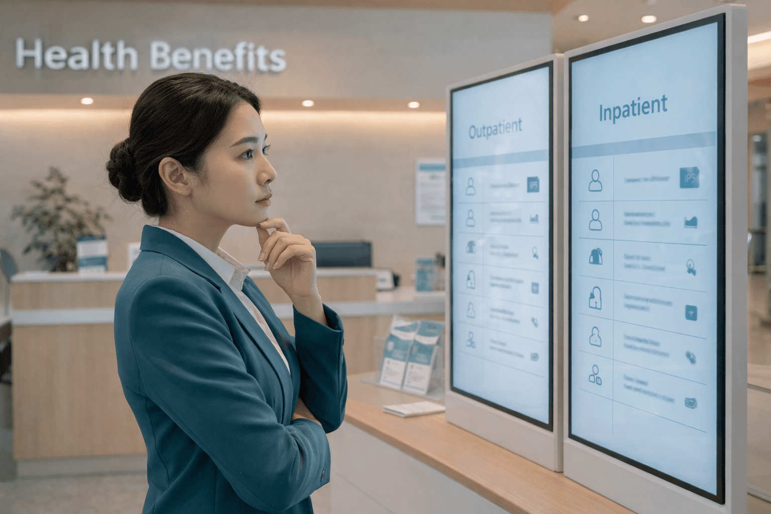 ภาพคู่รักกำลังจัดแฟ้มกรมธรรม์ ตารางเปรียบเทียบ OPD IPD และเช็กลิสต์ทบทวนแผนสุขภาพประจำปี