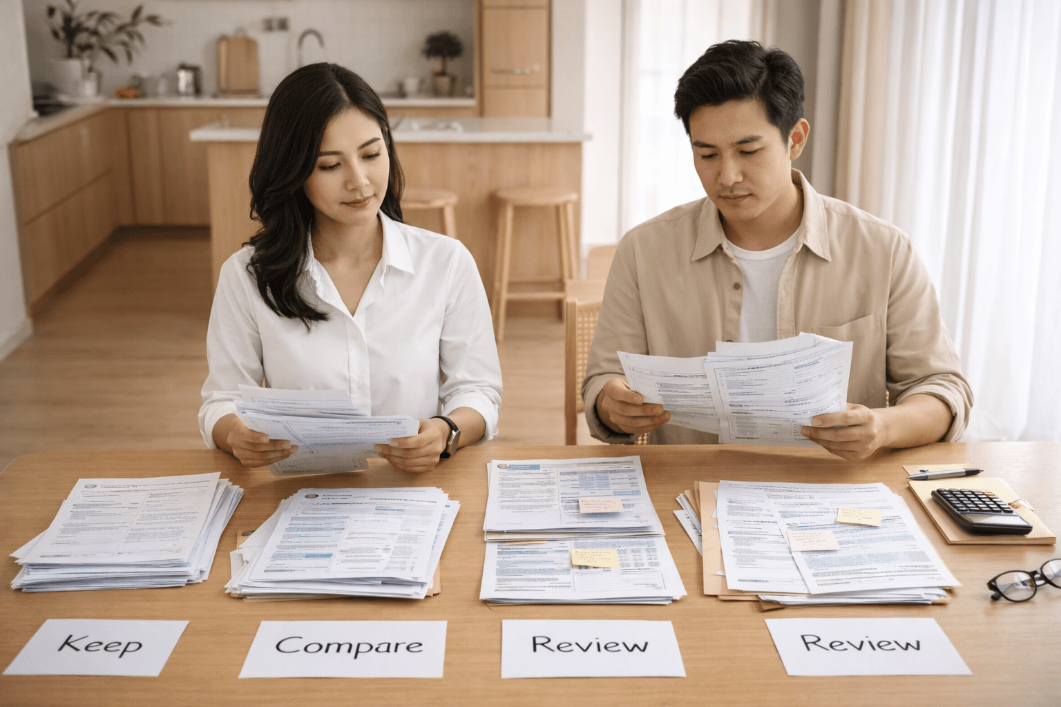 ภาพคู่รักกำลังเทียบกรมธรรม์หลายฉบับเพื่อดูความคุ้มครองซ้ำและจุดที่ขาด