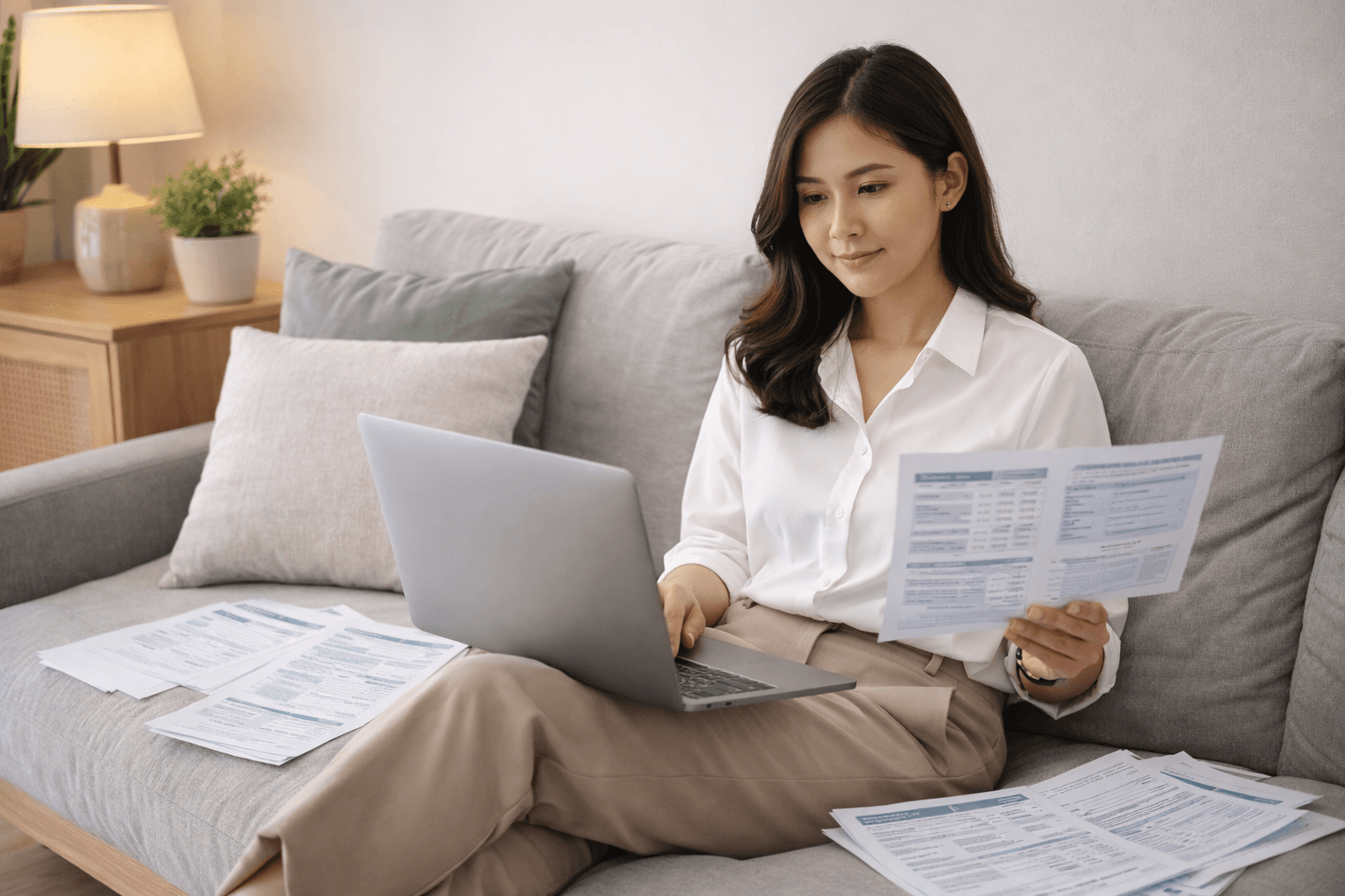 ภาพคนทำงานกำลังเช็กเงื่อนไขกรมธรรม์ ข้อยกเว้น และวันต่ออายุบนคอมพิวเตอร์