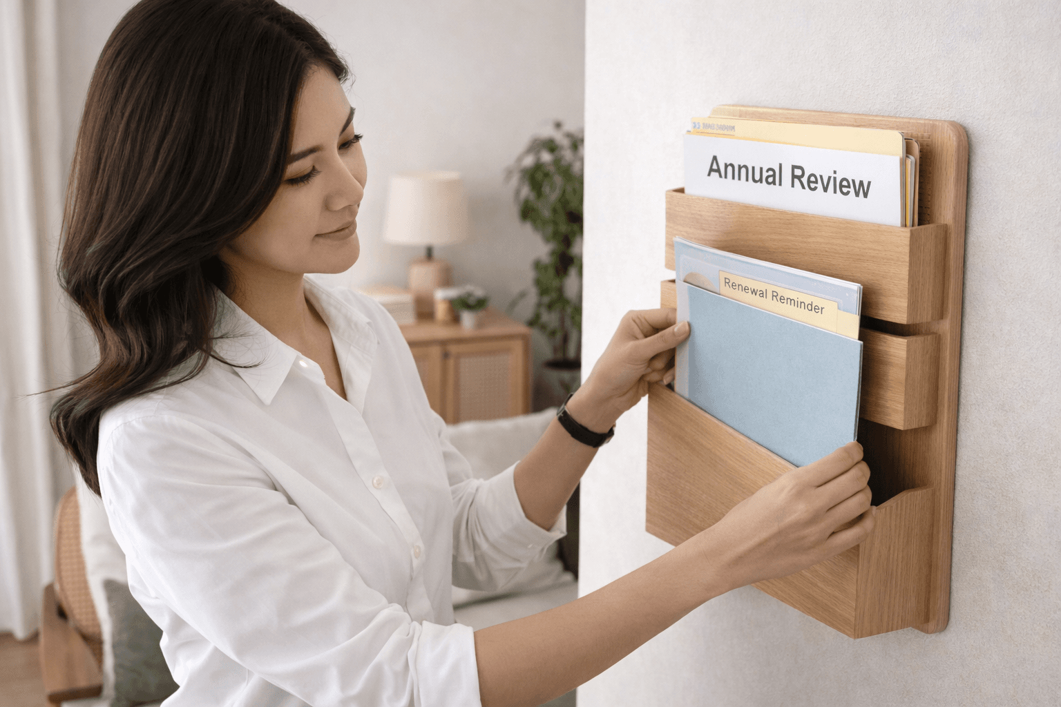 ภาพคนจัดแฟ้มรีวิวกรมธรรม์ เช็กลิสต์รายปี และตารางเบี้ยรวมหลังปรับพอร์ต