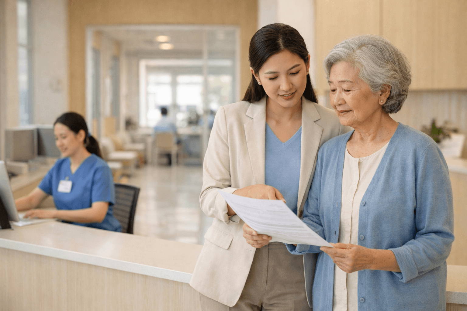 ประกันสุขภาพผู้สูงอายุ ภาพครอบครัวกำลังดูแผนค่ารักษาและงบประมาณ