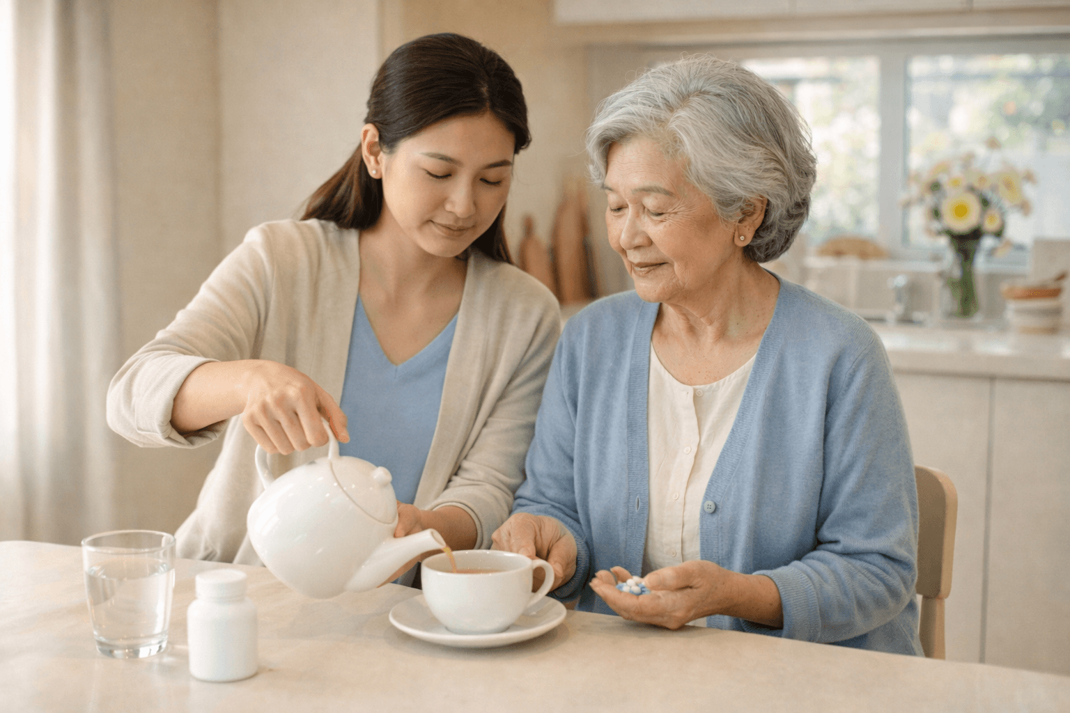 ภาพลูกสาวและผู้สูงอายุกำลังคุยเรื่องเงื่อนไขต่ออายุและโรคประจำตัวในแผนสุขภาพ