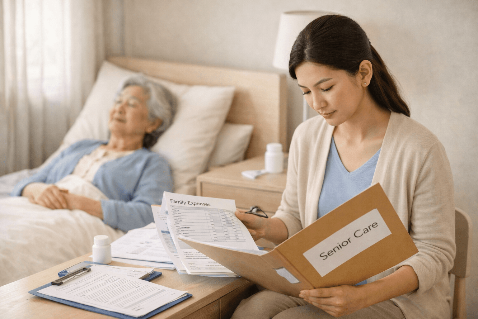 ภาพลูกชายกำลังตรวจประวัติสุขภาพ ค่าใช้จ่ายครอบครัว และเช็กลิสต์ประกันผู้สูงอายุ