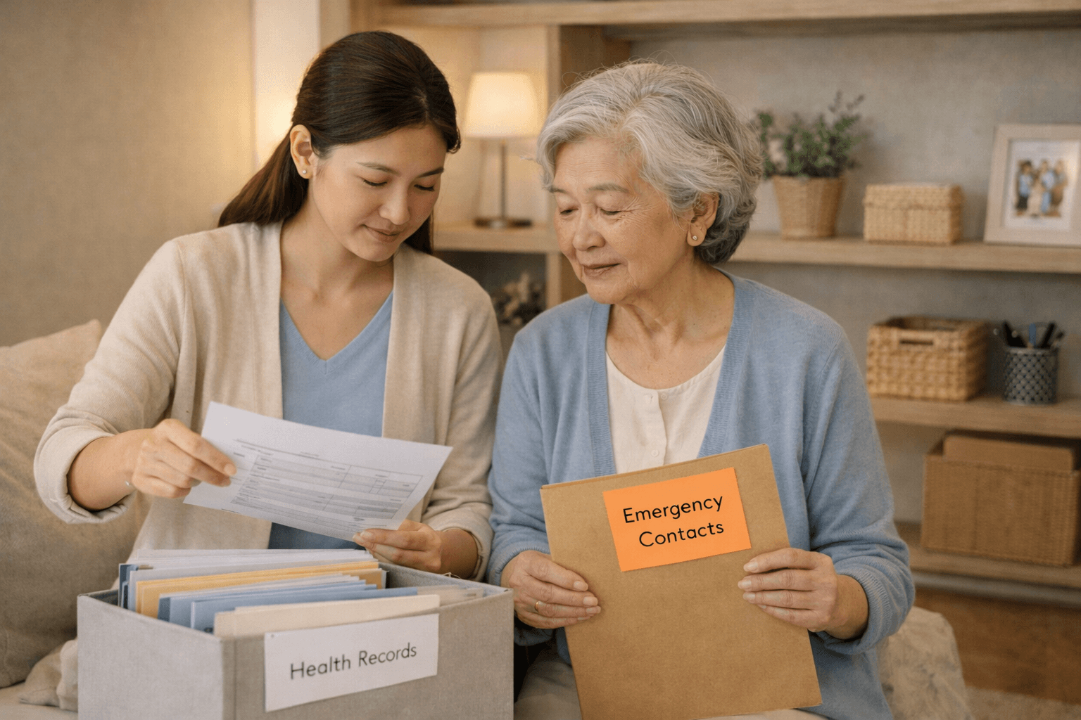 ภาพครอบครัวกำลังจัดแฟ้มกรมธรรม์ผู้สูงอายุและเช็กลิสต์ทบทวนประจำปี