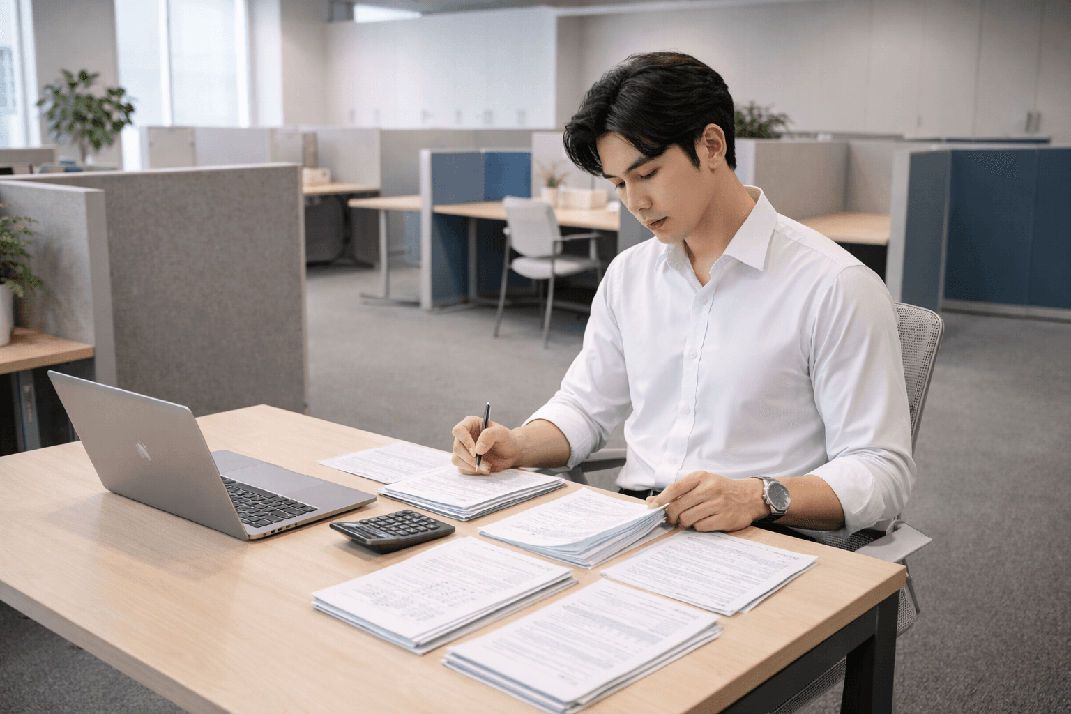 วางแผนลดหย่อนภาษี ภาพคนทำงานกำลังดูเอกสารภาษีและกรมธรรม์ประกันบนโต๊ะทำงาน