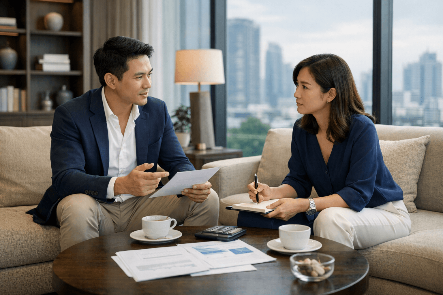 ภาพคู่สามีภรรยากำลังคุยเรื่อง Unit Linked กับเป้าหมายระยะยาวและความเสี่ยงที่รับได้