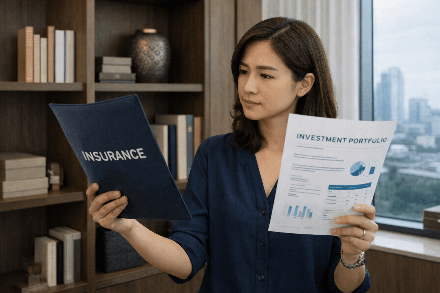 ภาพคนทำงานกำลังเปรียบเทียบ Unit Linked กับการซื้อประกันและลงทุนแยกกัน