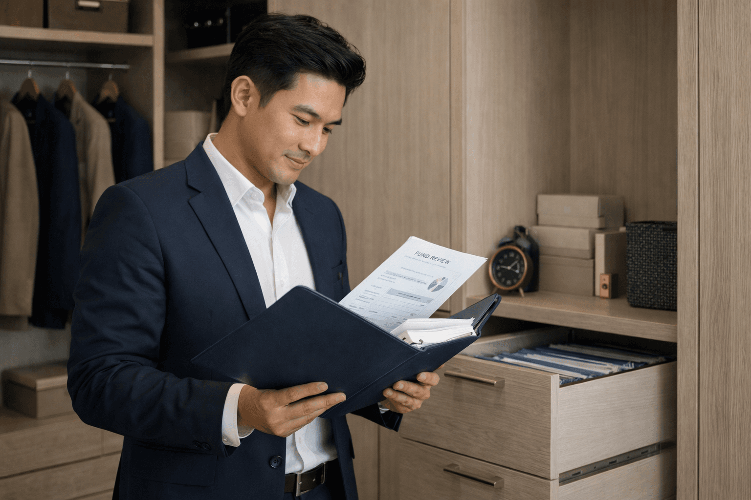 ภาพนักลงทุนกำลังจัดแฟ้มสรุปกรมธรรม์ Unit Linked และเช็กลิสต์ทบทวนพอร์ต