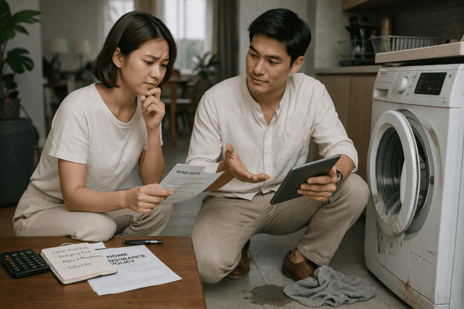 ภาพคู่รักกำลังทบทวนค่าใช้จ่ายจำเป็น หนี้บ้าน และเป้าหมายเงินฉุกเฉินพร้อมแผนประกัน