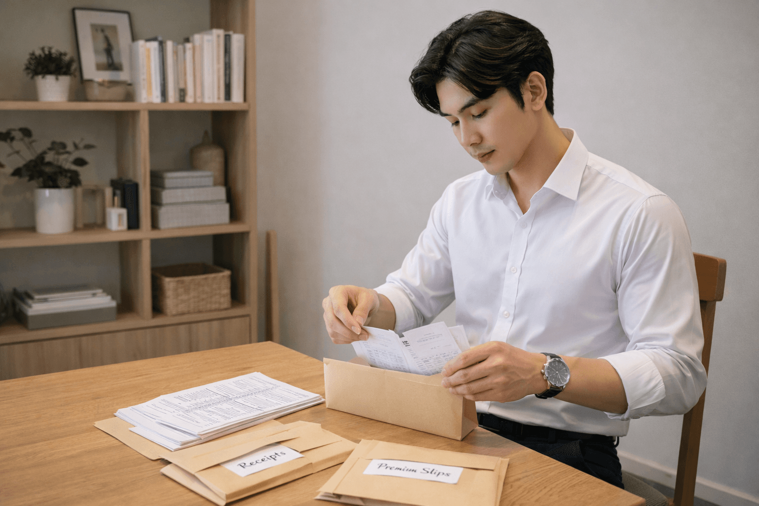 ภาพคนทำงานกำลังคำนวณผลประหยัดภาษีจากเบี้ยประกันด้วยเครื่องคิดเลขและเอกสารรายได้